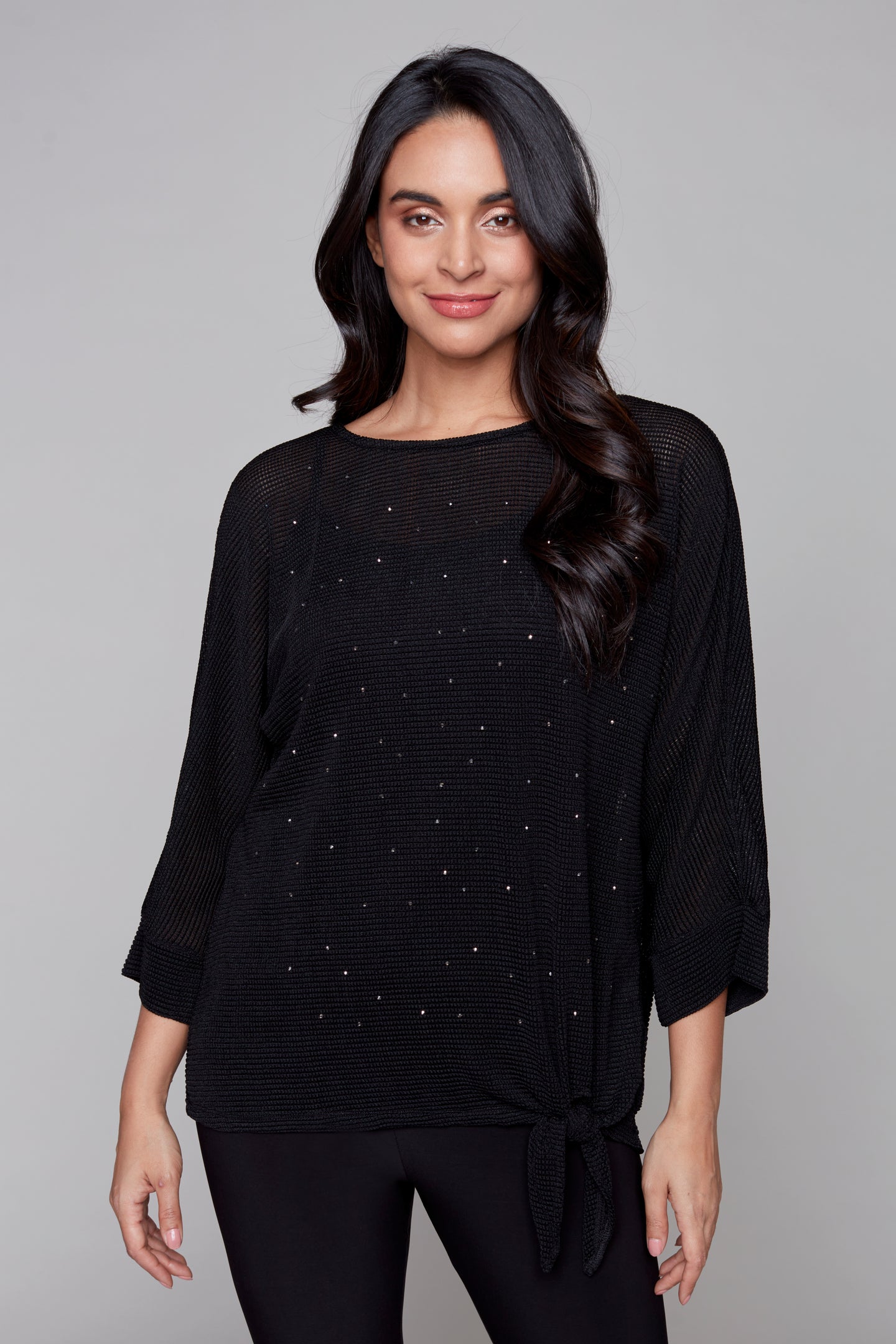 Compli K novelty top with tie front and nailhead detail