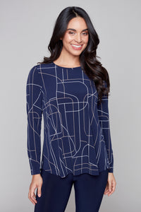 Compli K geometric print ITY 3/4-length sleeve pop over top