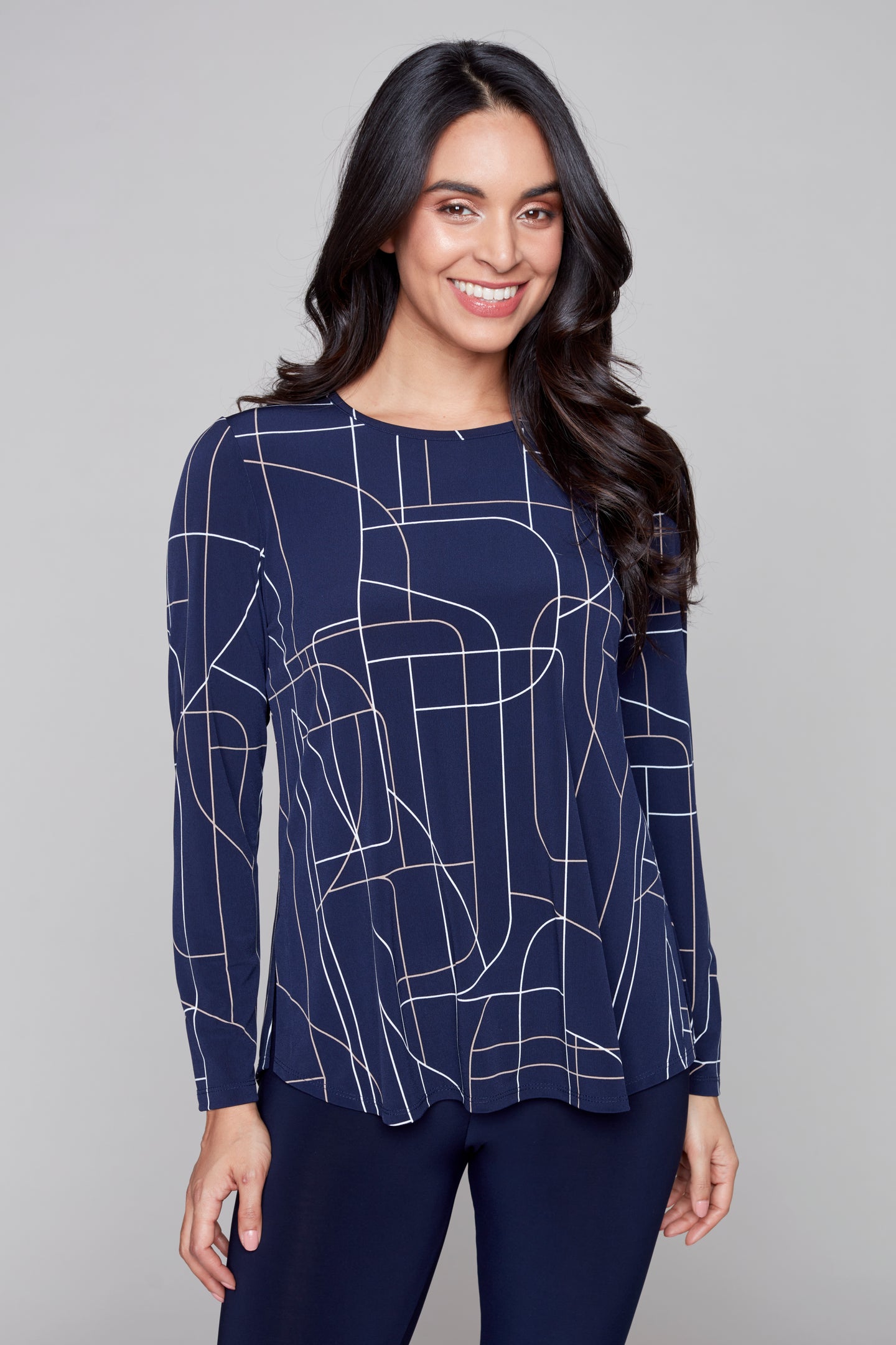 Compli K geometric print ITY 3/4-length sleeve pop over top