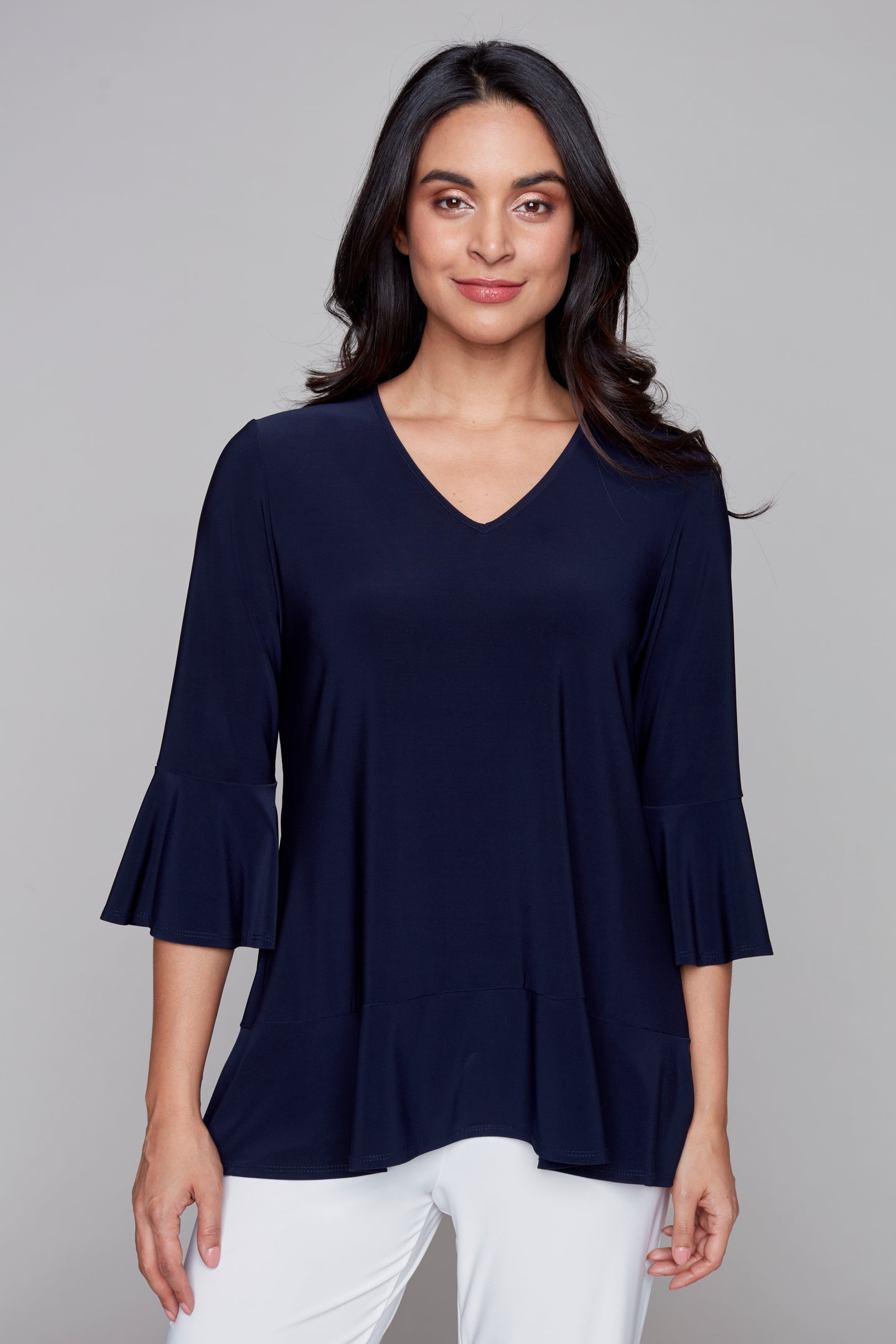 Compli K v-neck top with fluted hem and sleeve