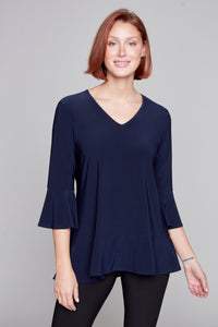 Compli K v-neck top with fluted hem and sleeve