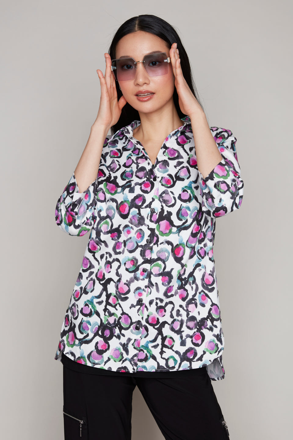 Compli K 3/4 sleeve button front blouse