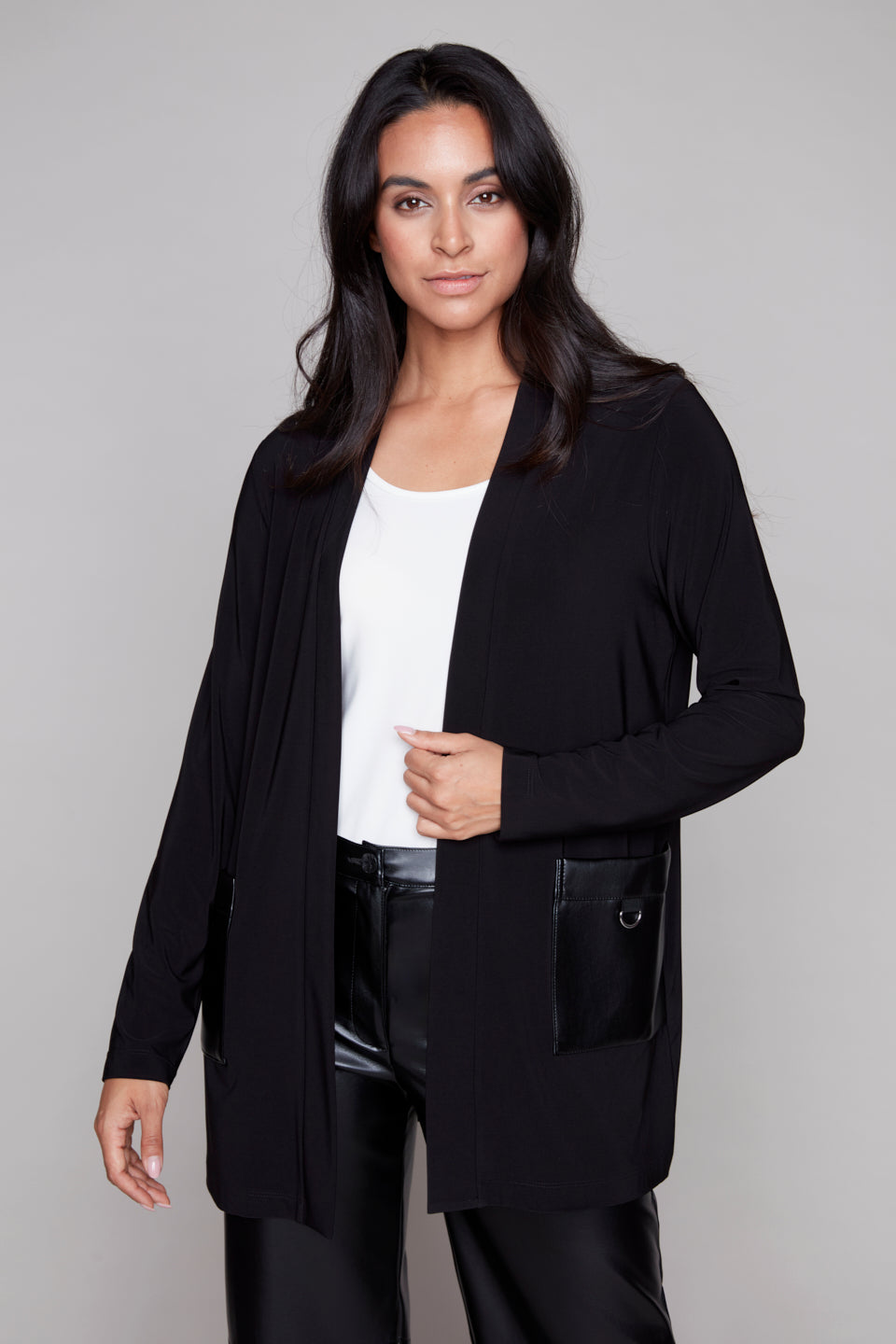 Compli K Open-Front Cardigan with Faux Leather Pockets