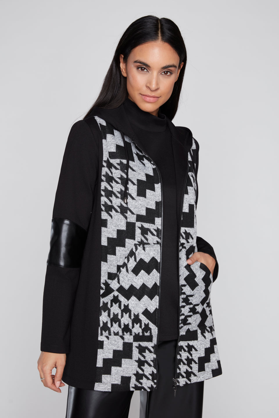 Houndstooth Hooded Zip Front Jacket