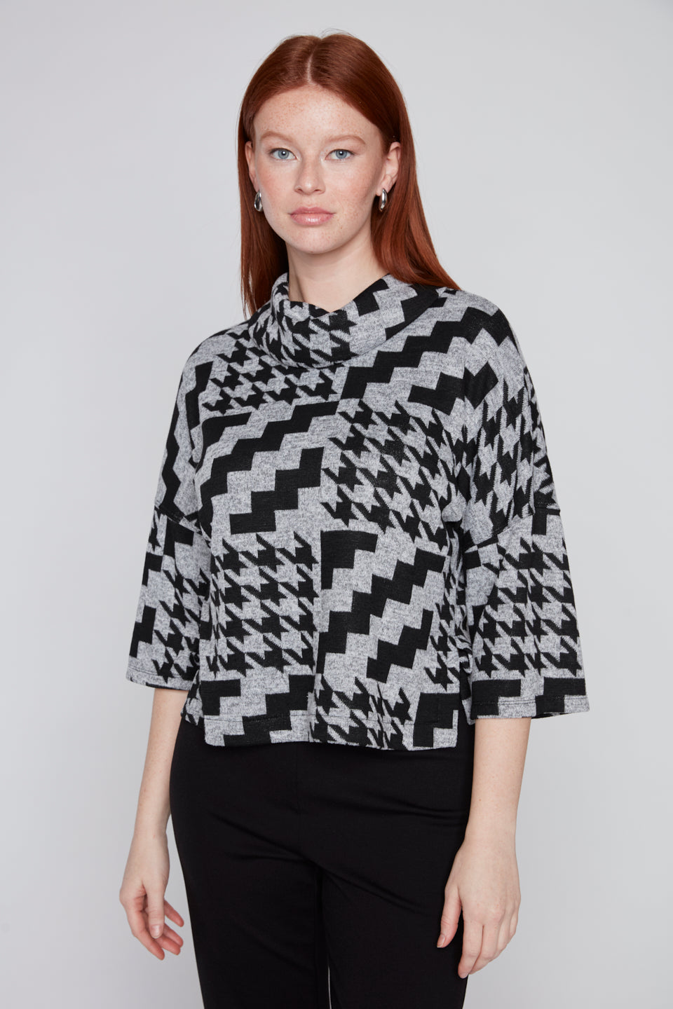 Houndstooth Cropped Cowl Neck Top
