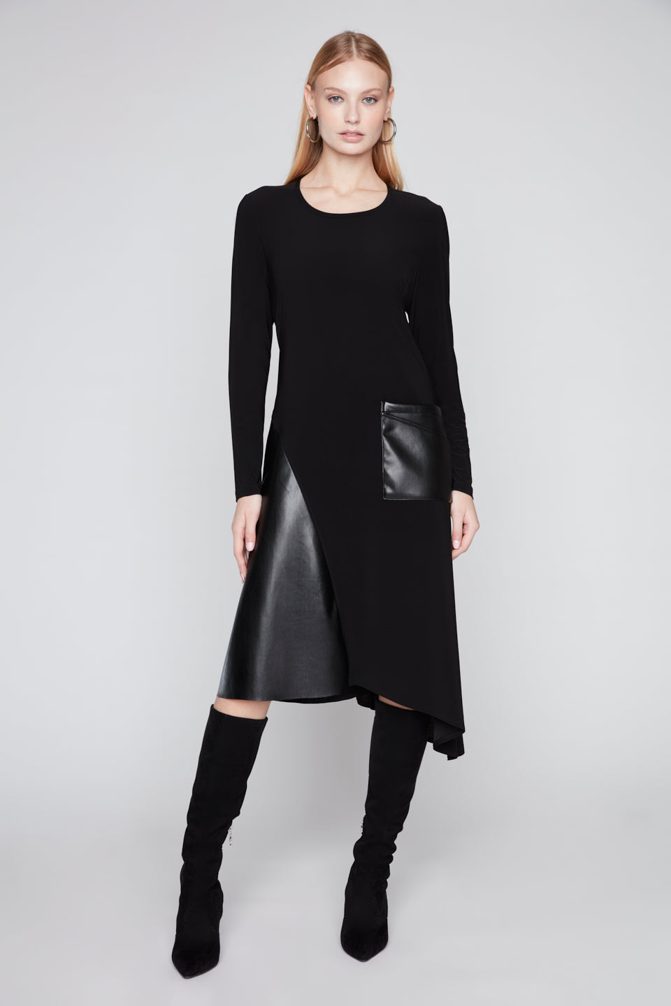 Asymmetric Vegan Leather Detail Dress