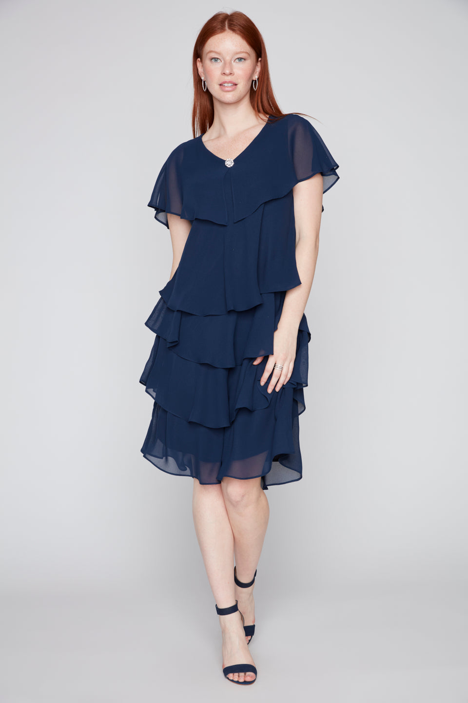 Layered Chiffon Dress with Detachable Brooch
