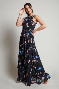 Compli K Noir sleeveless floral dress with ruffle details