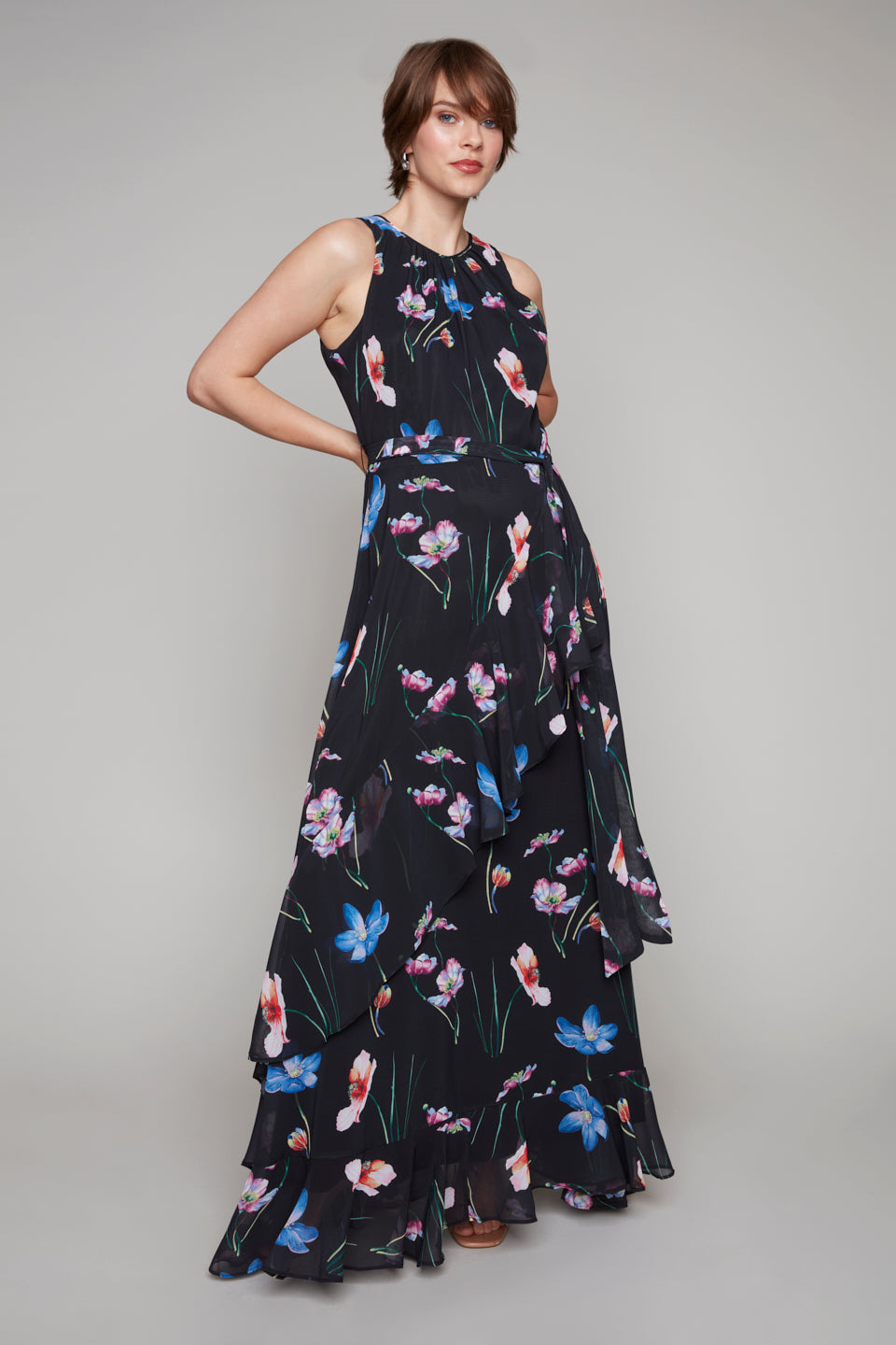 Compli K Noir sleeveless floral dress with ruffle details