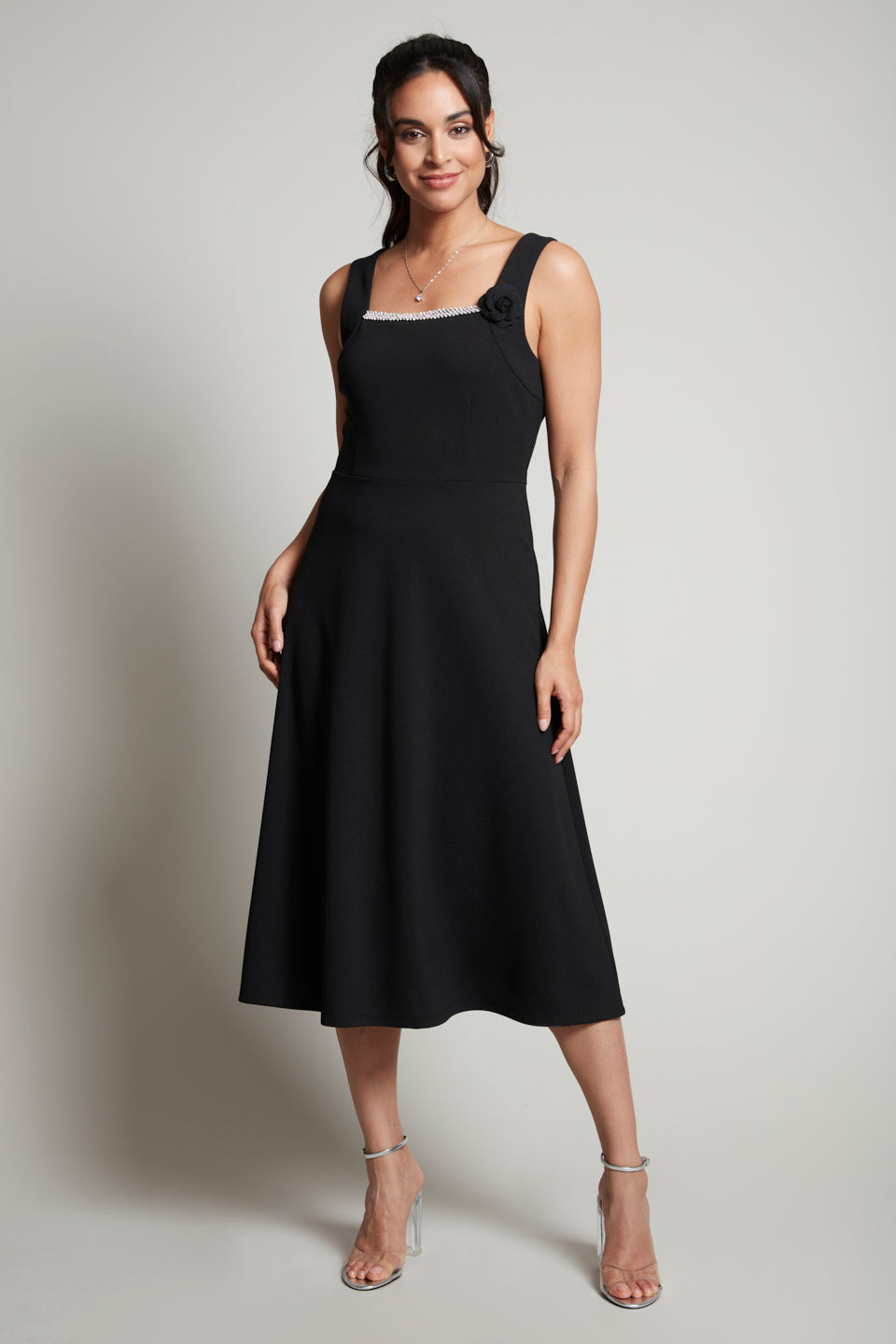 Compli K Noir sleeveless dress with rhinestone trim & flower brooch
