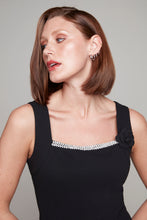 Load image into Gallery viewer, Compli K Noir sleeveless dress with rhinestone trim &amp; flower brooch
