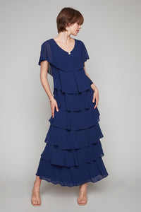 Compli K Noir short sleeve multi-layered long dress with brooch