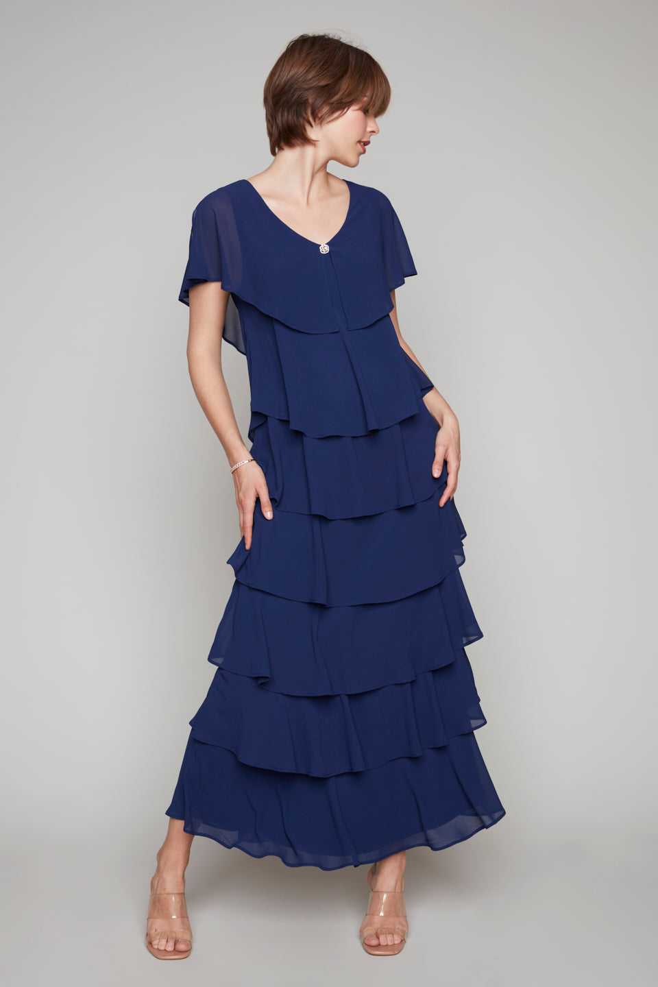 Compli K Noir short sleeve multi-layered long dress with brooch