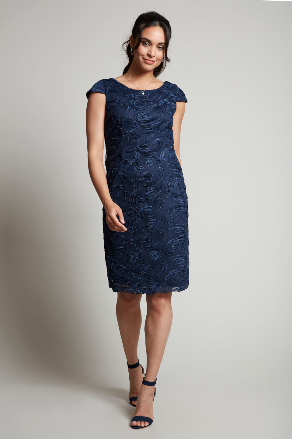 Compli K Noir soutache body con dress with cap sleeves