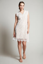 Load image into Gallery viewer, Compli K Noir v-neck lace dress with nude lining &amp; ruffle detail
