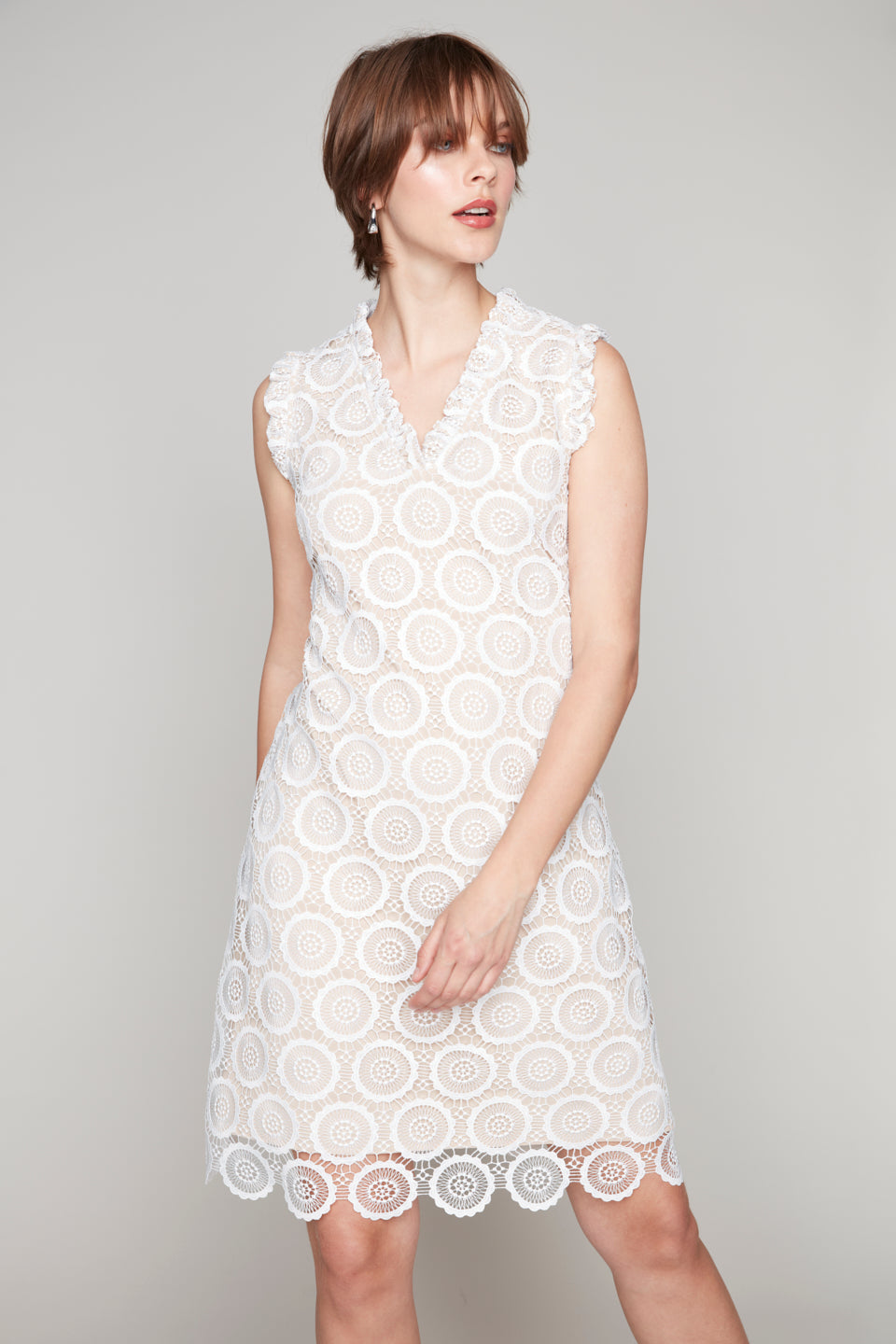 Compli K Noir v-neck lace dress with nude lining & ruffle detail