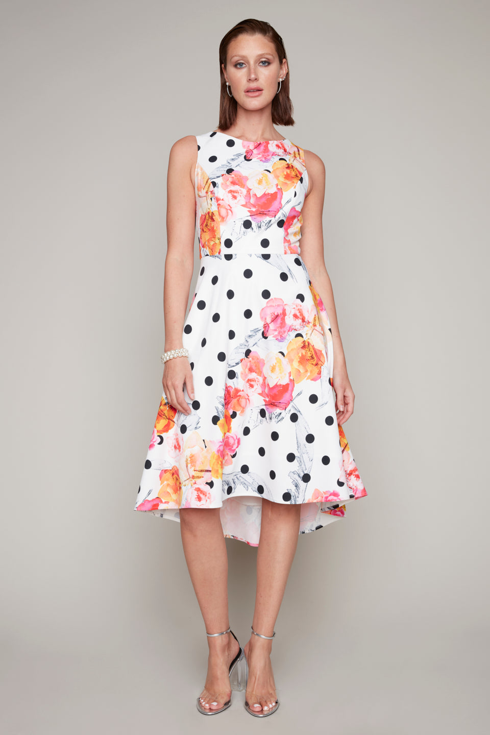 Compli K Noir sleeveless floral & dot printed dress with asymmetrical hemline