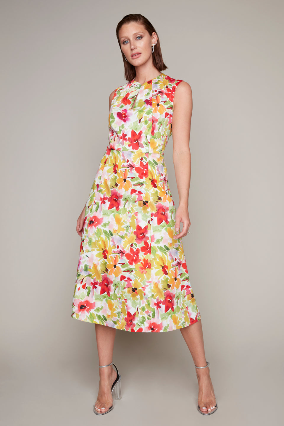 Compli K Noir u-neckline cap shoulder dress in floral cotton sateen print