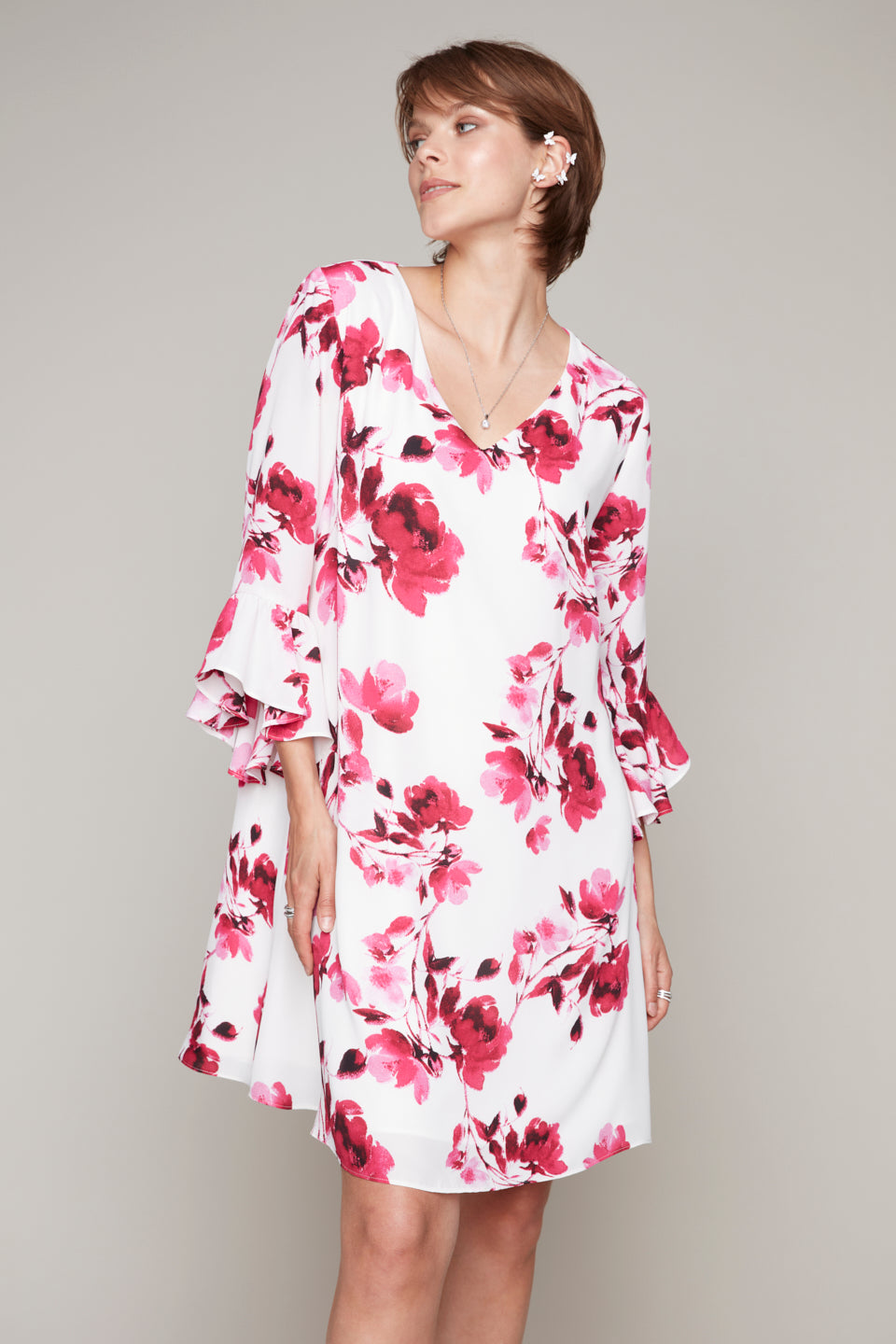 Compli K Noir 3/4 flutted sleeve floral print dress