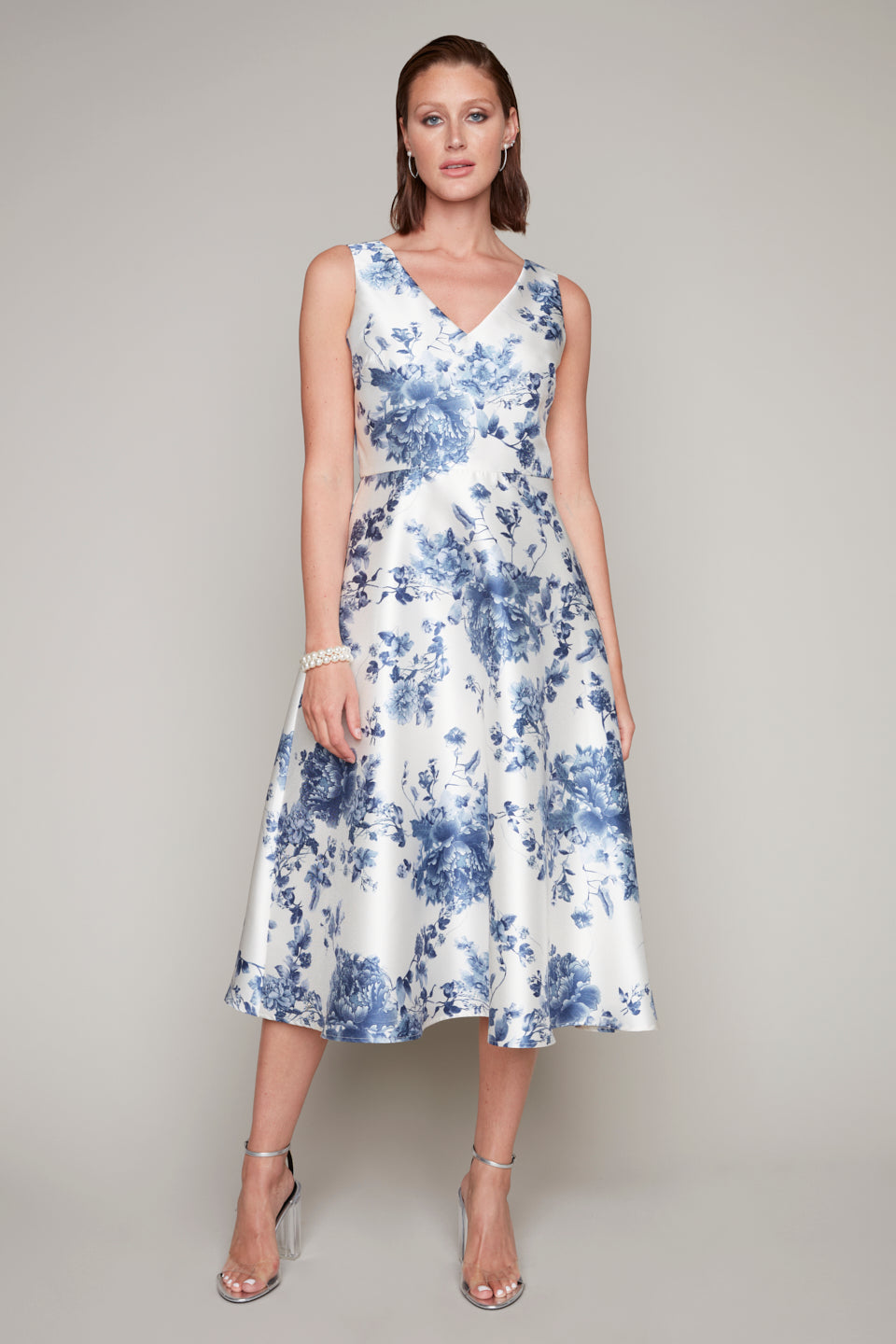 Compli K Noir sleeveless v-neck floral dress with flare bottom