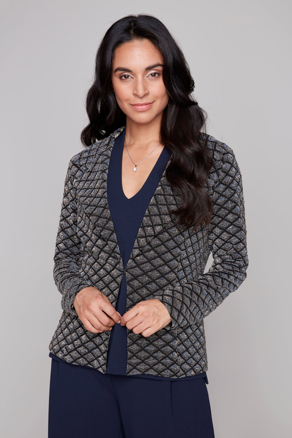 Compli K Noir Shimmer Grid Metallic Knit Blazer