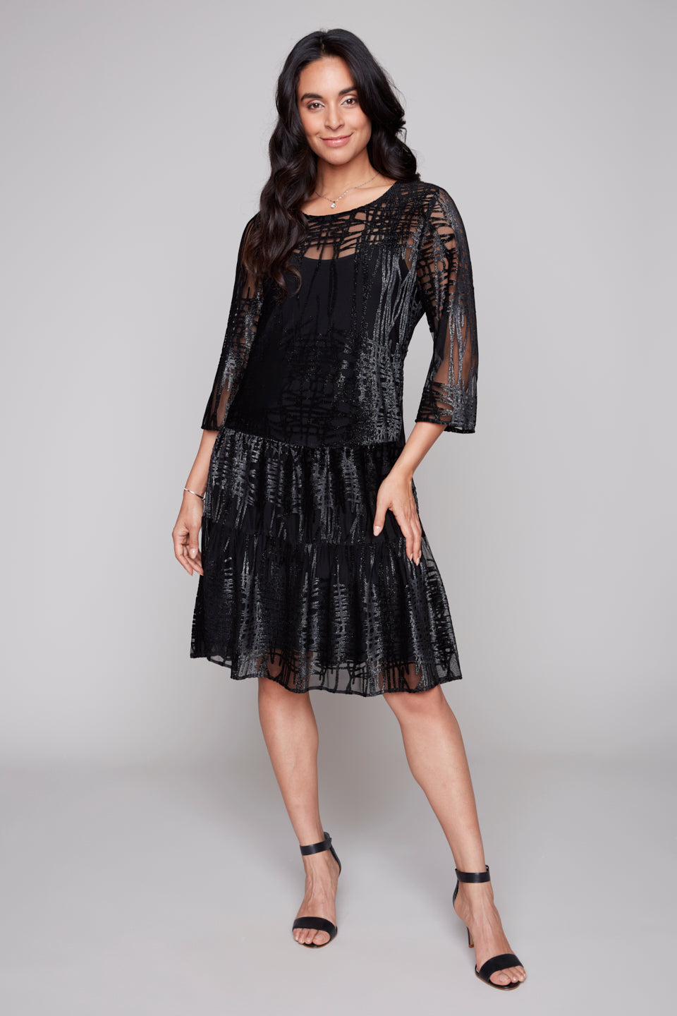 Compli K Noir Textured Metallic Mesh Dress with Slip