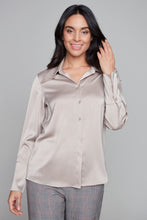 Load image into Gallery viewer, Carre Noir button front satin blouse with studded collar
