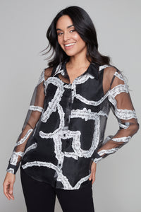 Carre Noir button-front printed blouse with roll tab sleeve