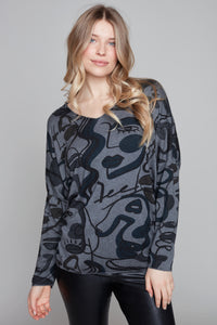 Pull fantaisie imprimé abstrait col V "Picasso Face" Carré Noir