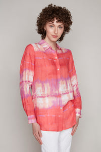Carre Noir button-front ramie blouse in pink tie-dye style