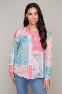 Carre Noir novelty patchwork printed button-front blouse