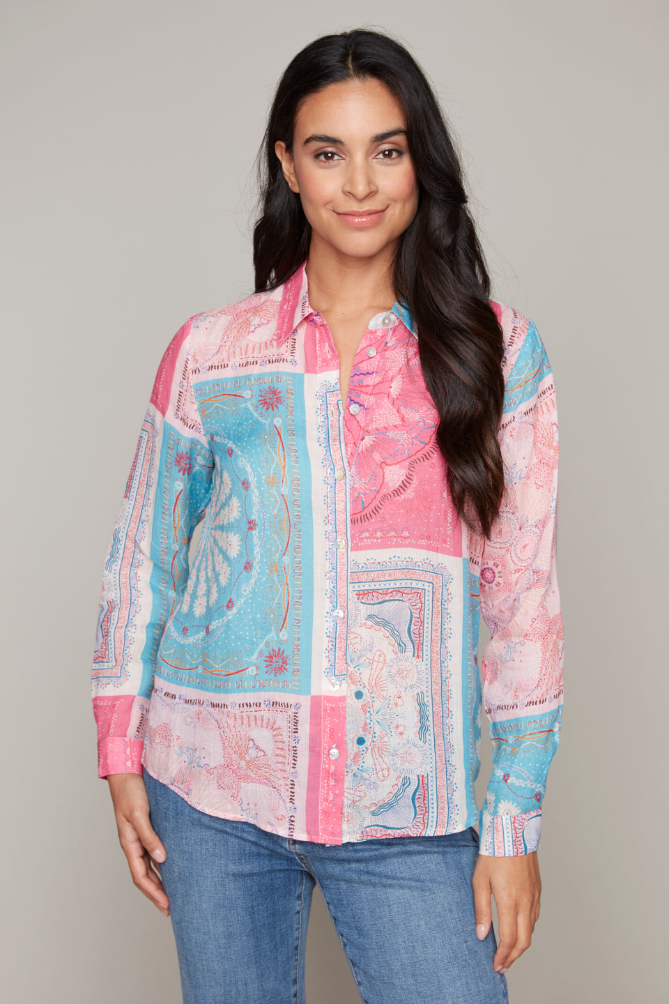Carre Noir novelty patchwork printed button-front blouse
