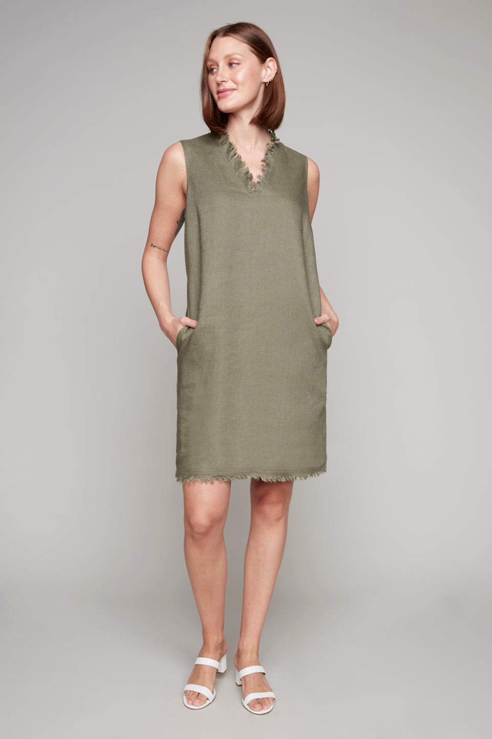 Carre Noir sleeveless ruffled linen dress with v-neckline