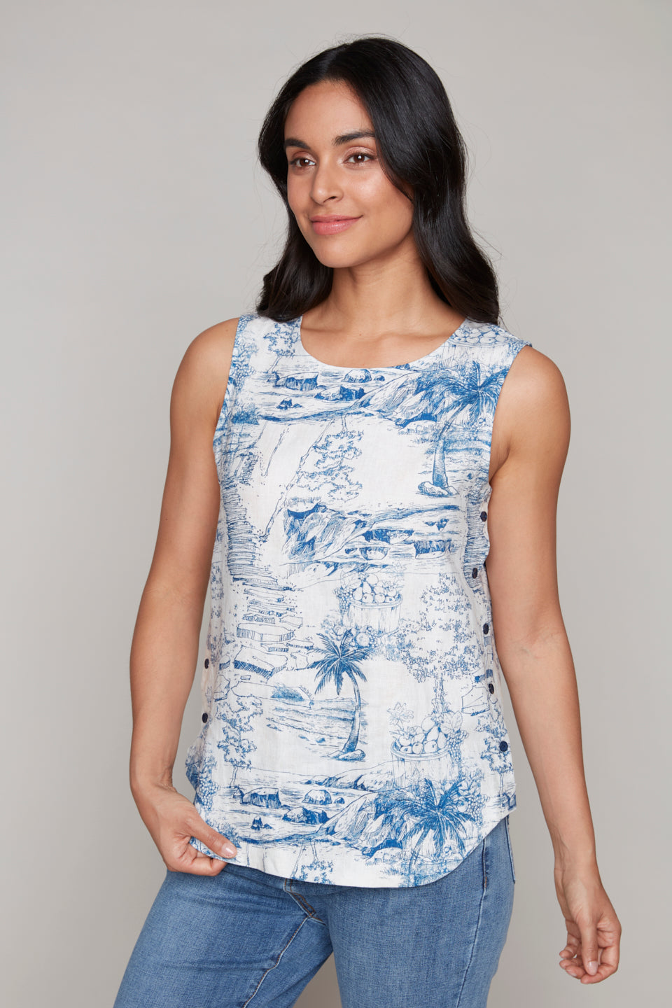 Carre Noir sleeveless linen top with side button details