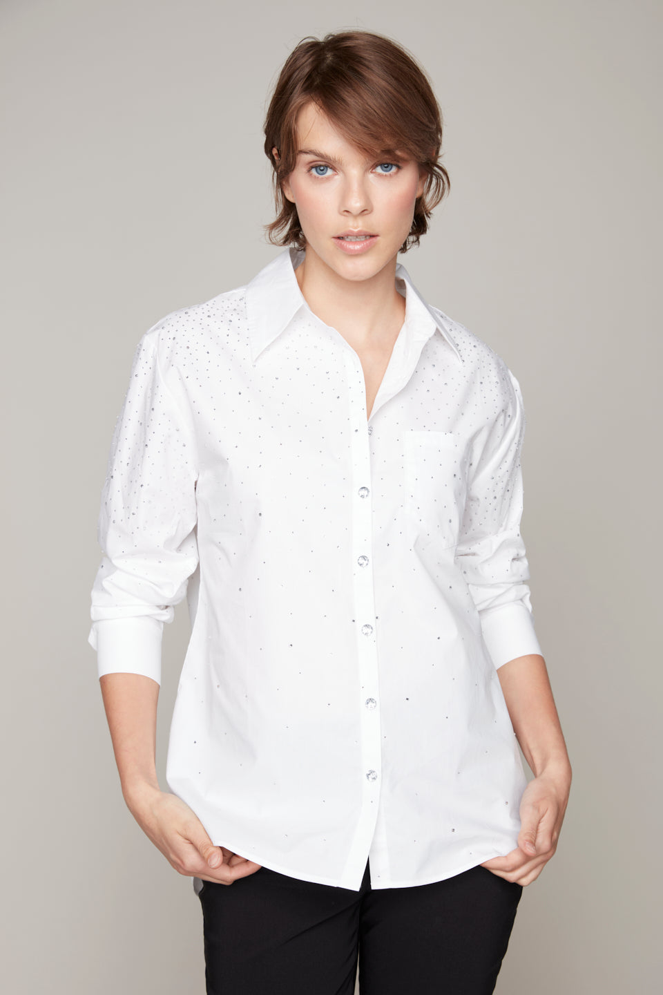 Carre Noir button-front blouse with rhinestone detail