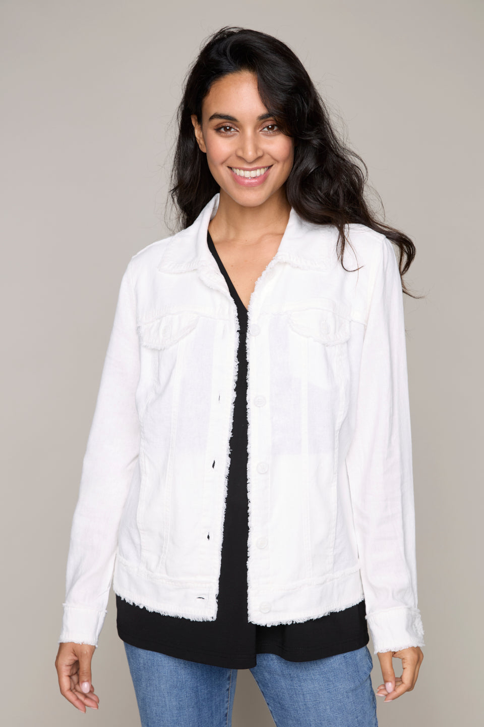 Carre Noir linen jean jacket with ruffled hems