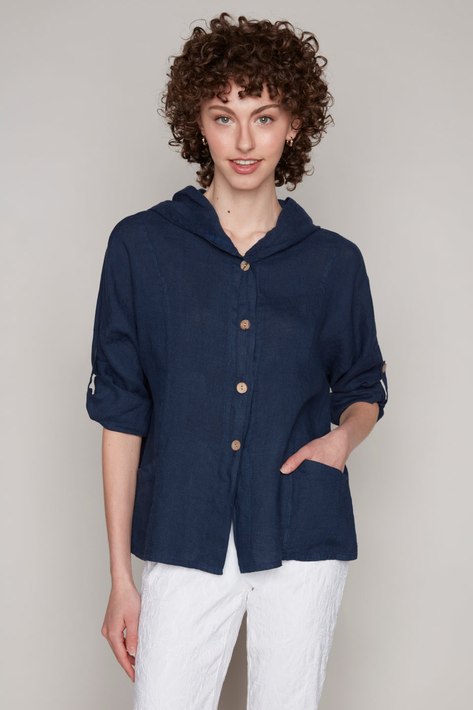 Carre Noir button-front hooded linen blouse