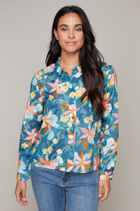 Carre Noir button-front abstract multi floral print blouse