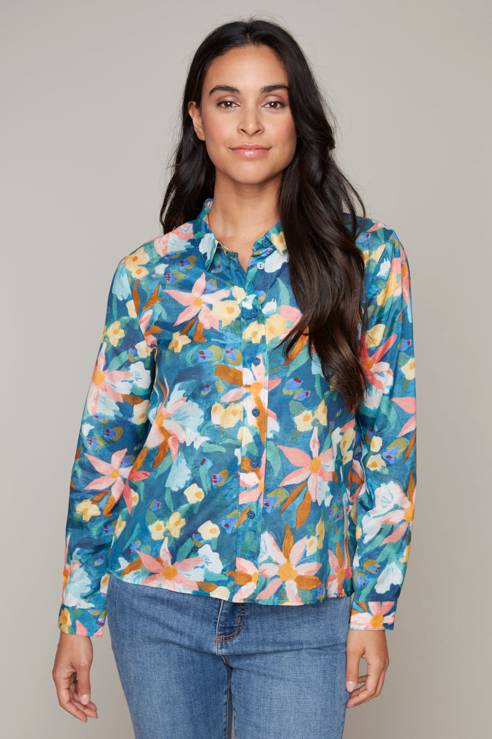 Carre Noir button-front abstract multi floral print blouse