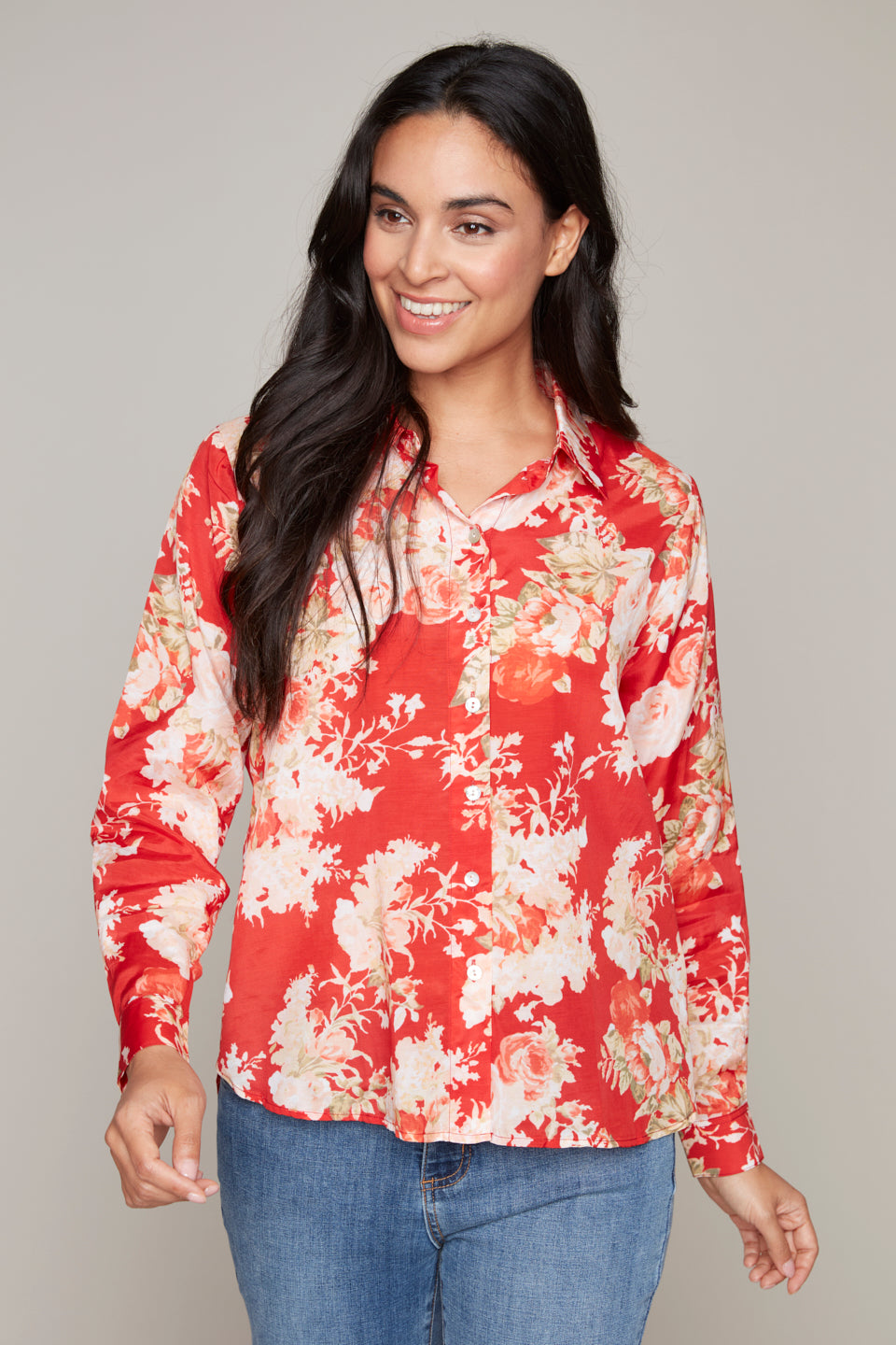 Carre Noir long sleeve button-front red floral blouse