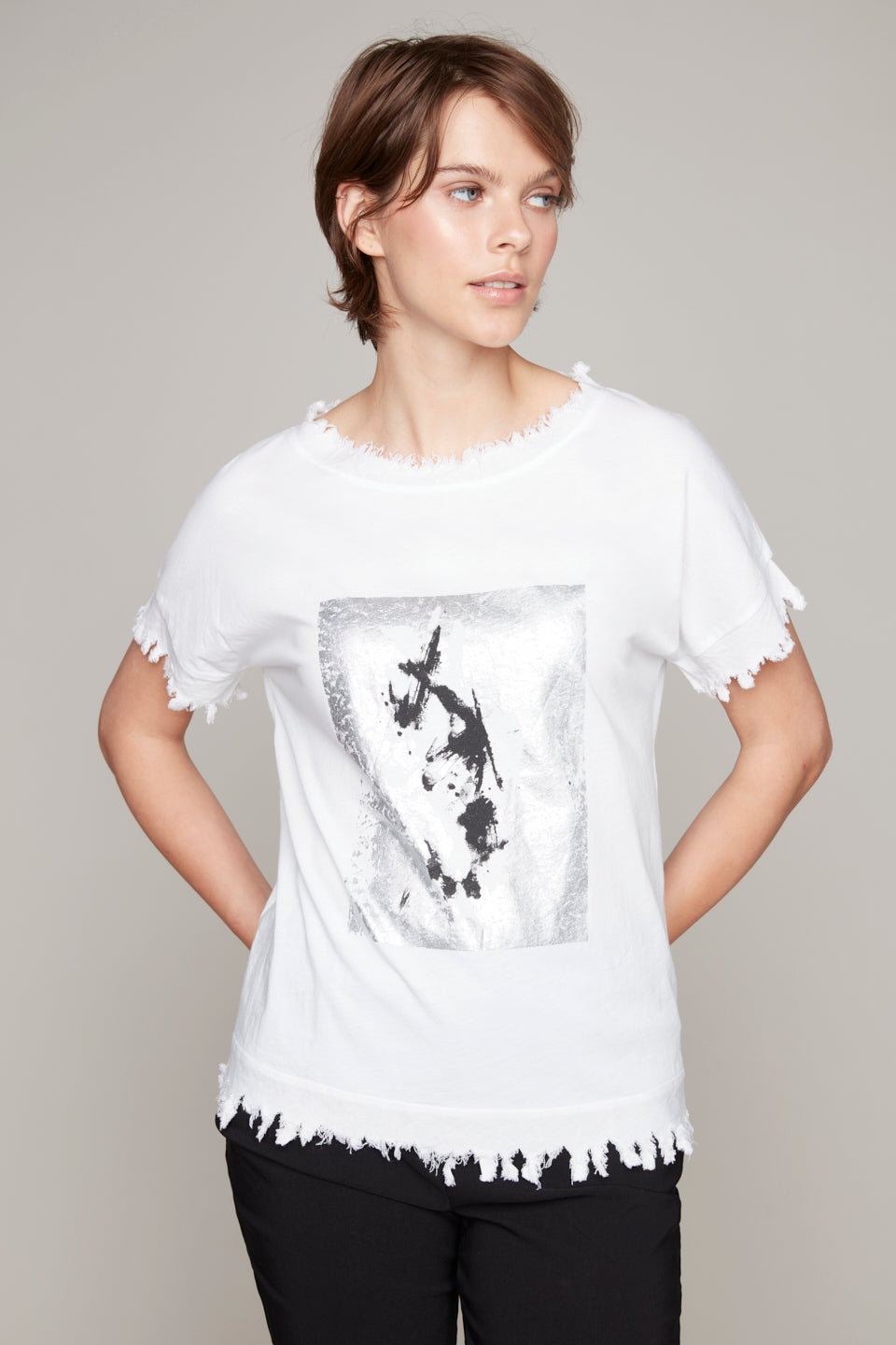 Carre Noir novelty fringe t-shirt with black & white print