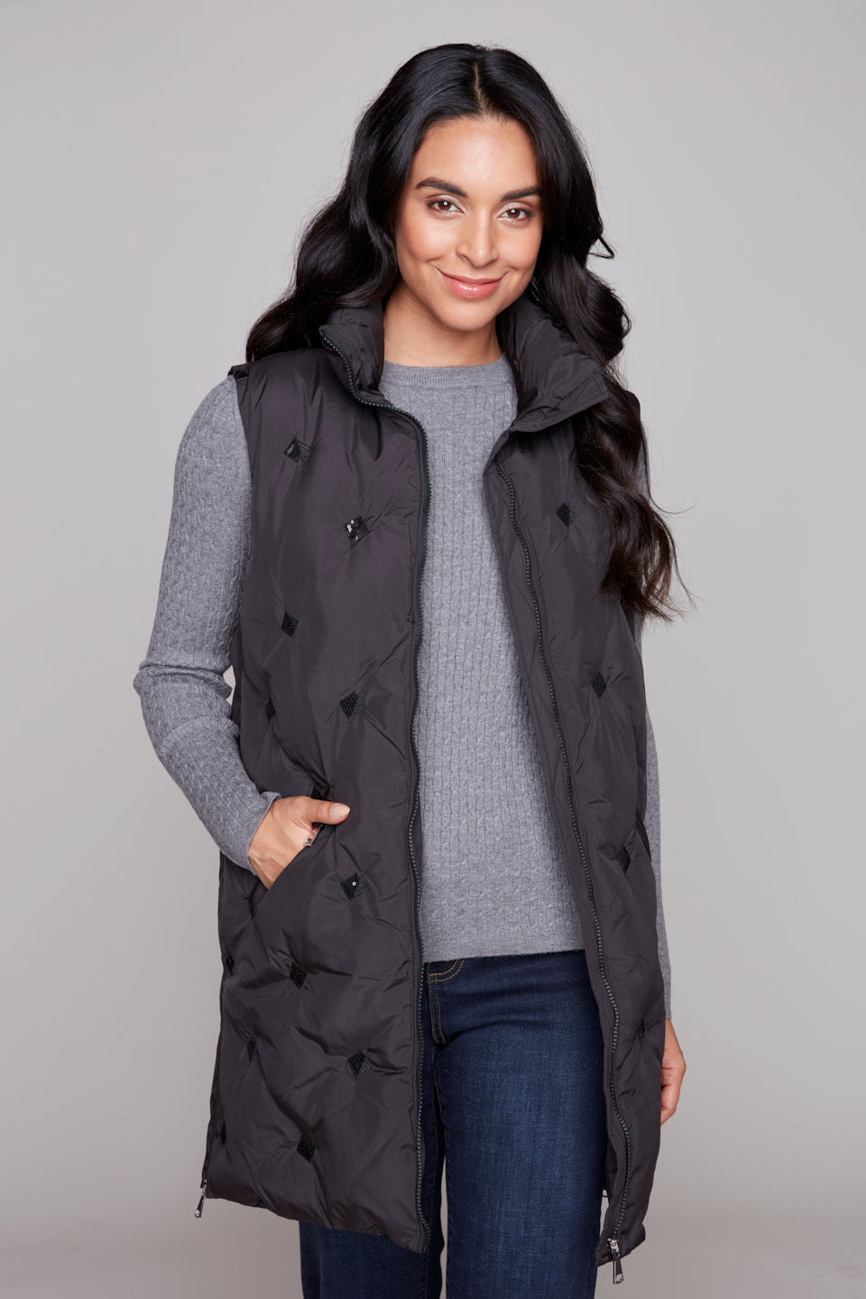 Carre Noir Long Quilted Zip Vest