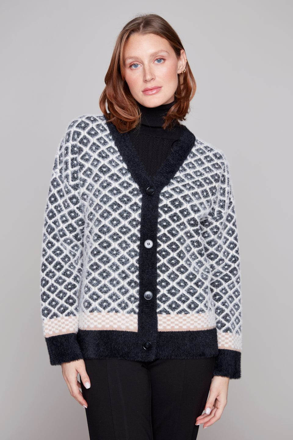 Carre Noir Diamond Texture Button-Front Cardigan