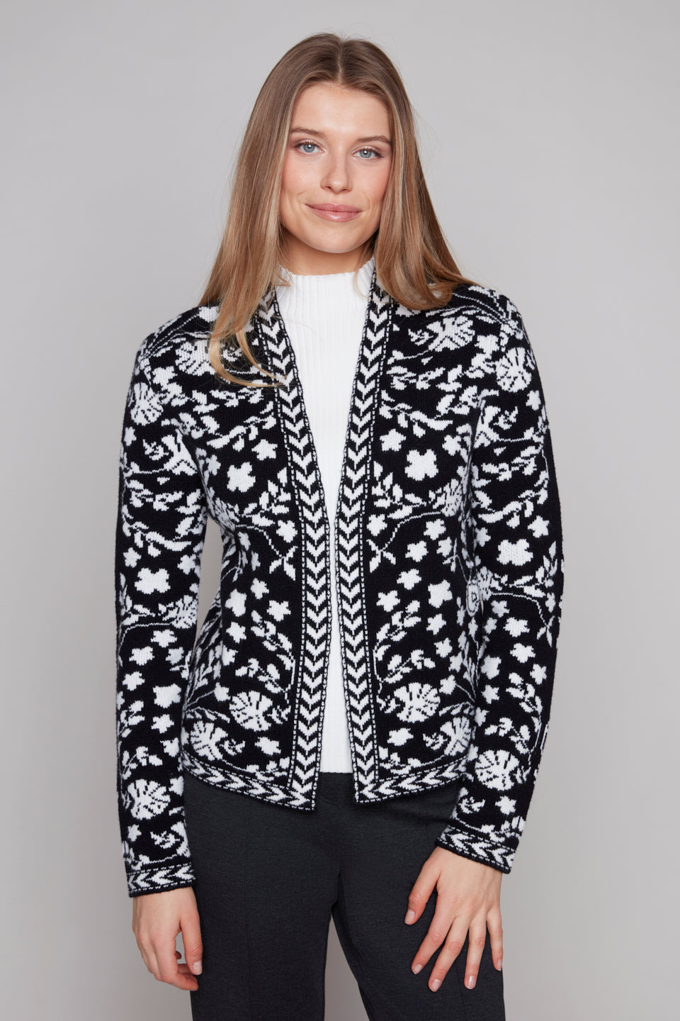 Carre Noir Jacquard Floral Open Cardigan
