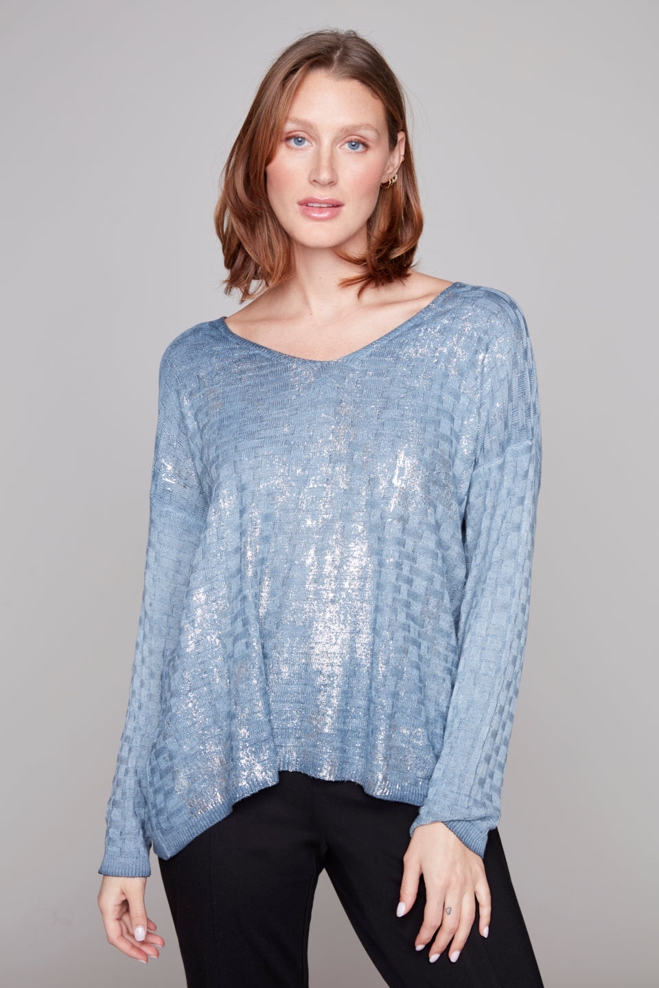 Carre Noir Shimmering Metallic V-Neck Sweater