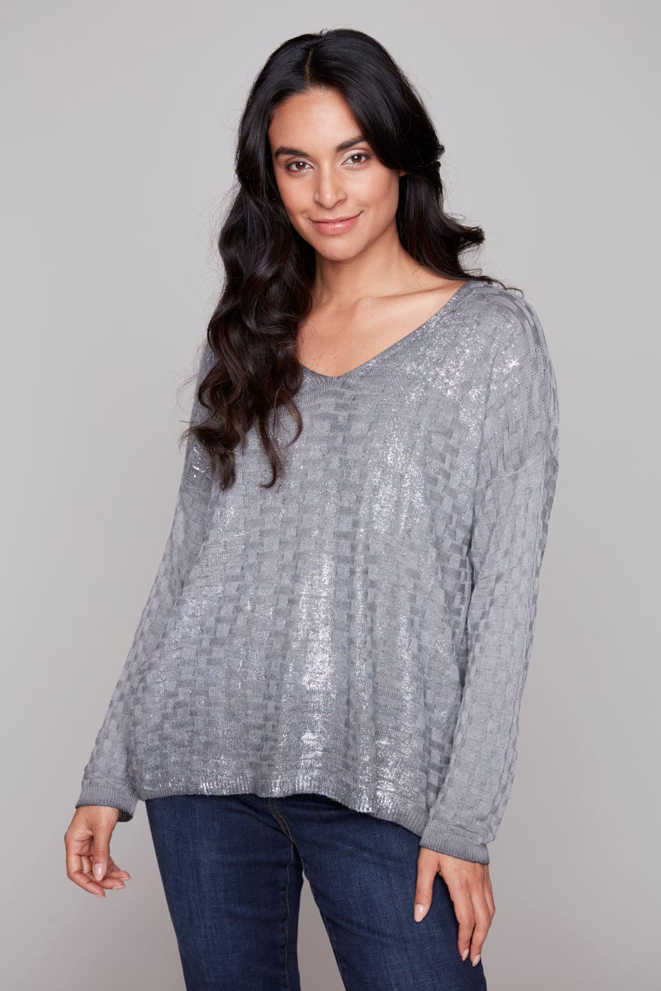 Carre Noir Shimmering Metallic V-Neck Sweater