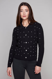 Carre Noir Crystal Collar Knit Cardigan