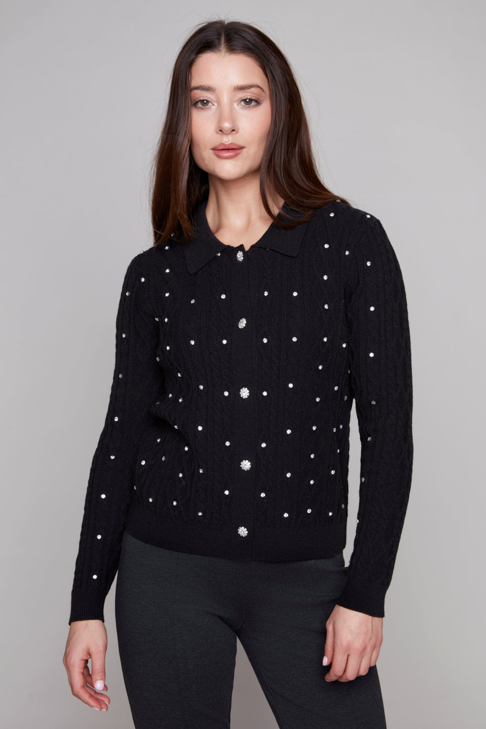 Carre Noir Crystal Collar Knit Cardigan