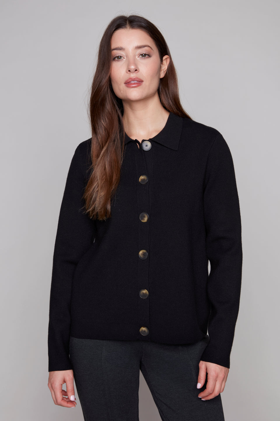 Carre Noir Button-Up Knit Cardigan with Collar