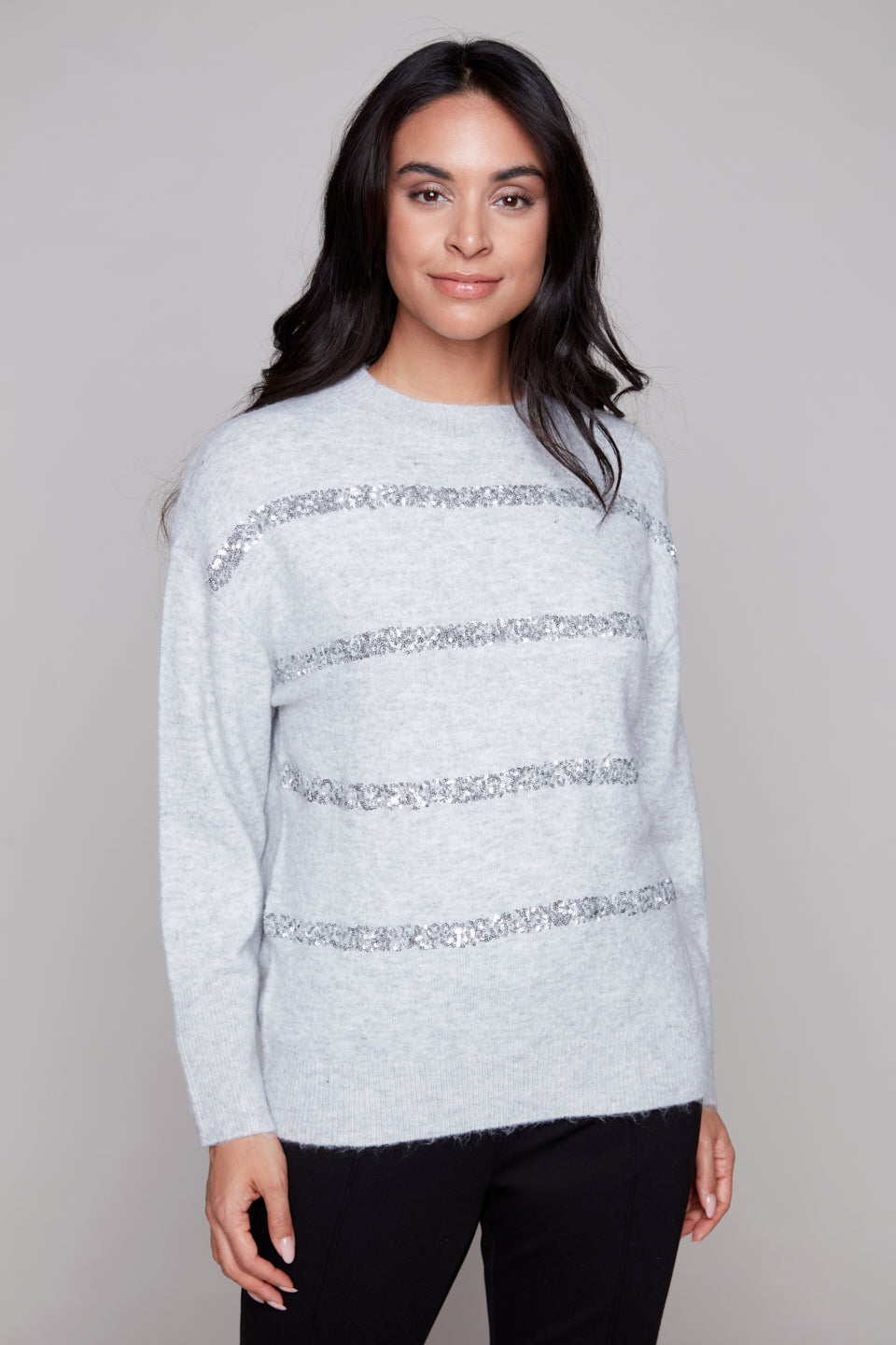Carre Noir Sequin Stripe Crewneck Sweater